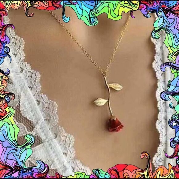 Beautiful Red Rose Pendant w/ Gold Stem& Chain (N2 - Picture 1 of 8
